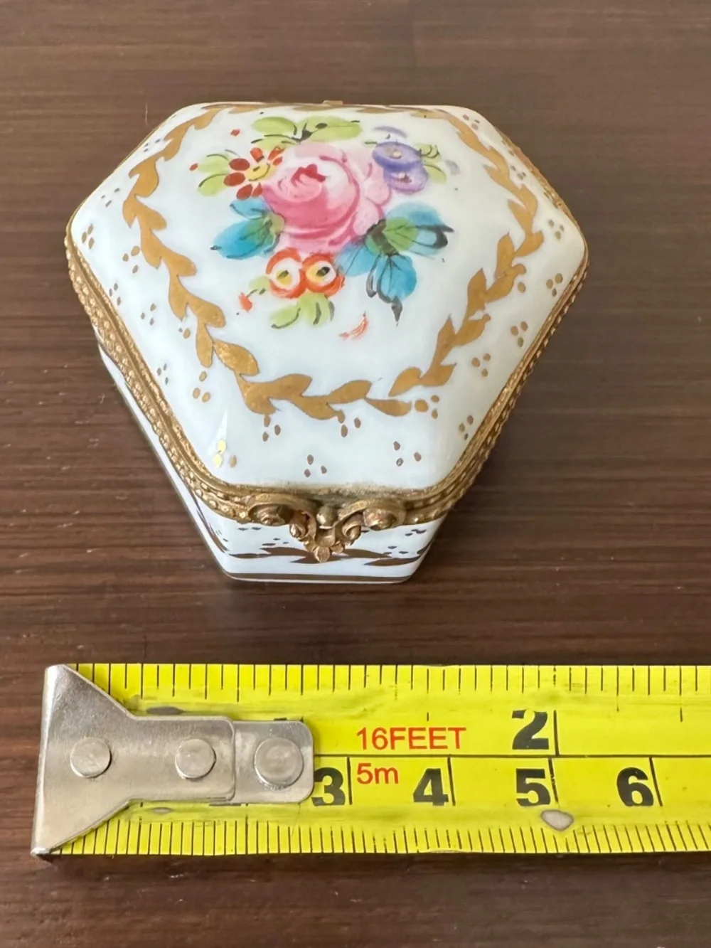 VTG Limoges France Porcelain Hexagon Trinket Box Hand Painted Floral Gold